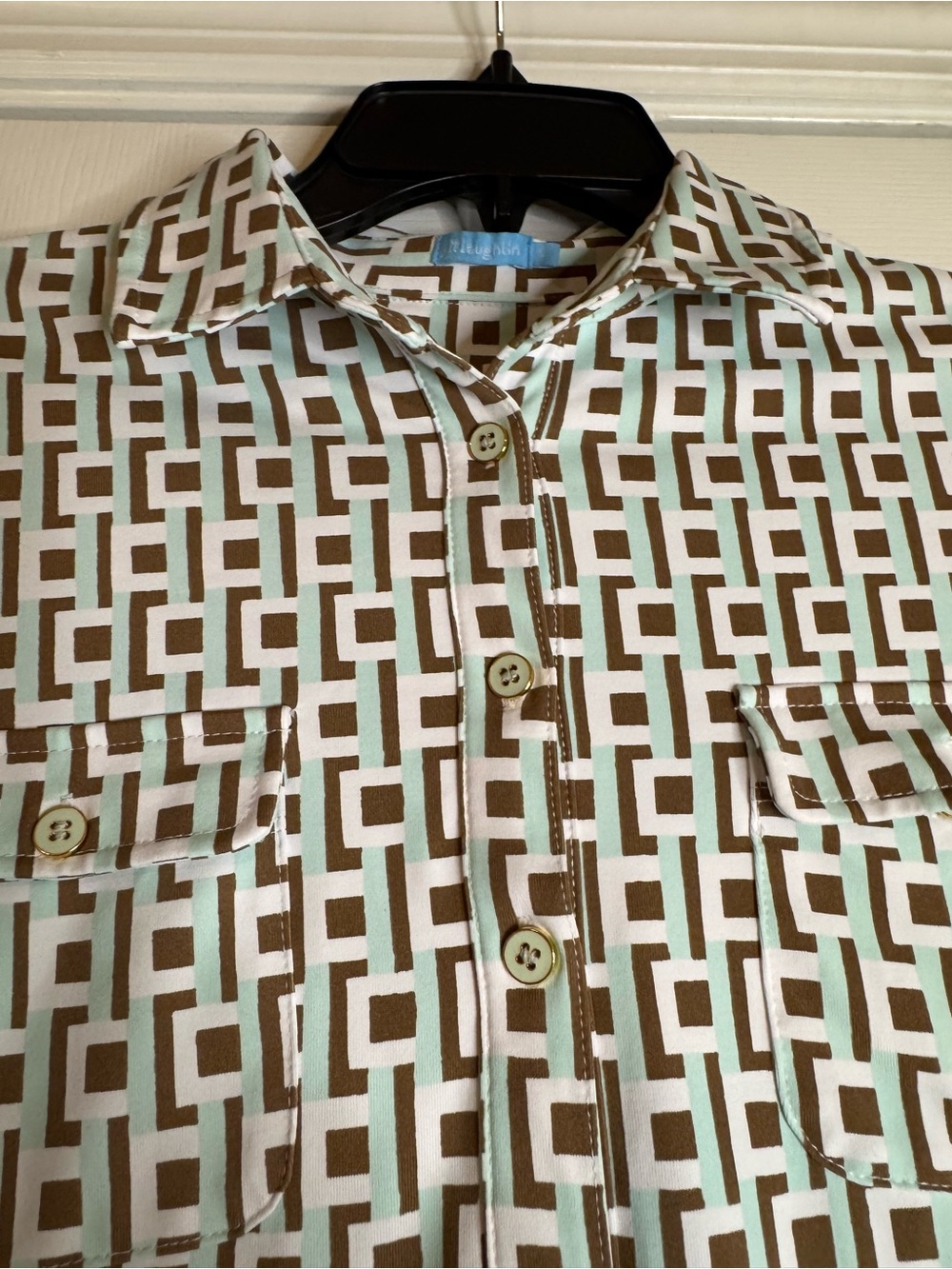 Button-Front Geometric Midi Dress in White and Brown - Picture 6 of 6